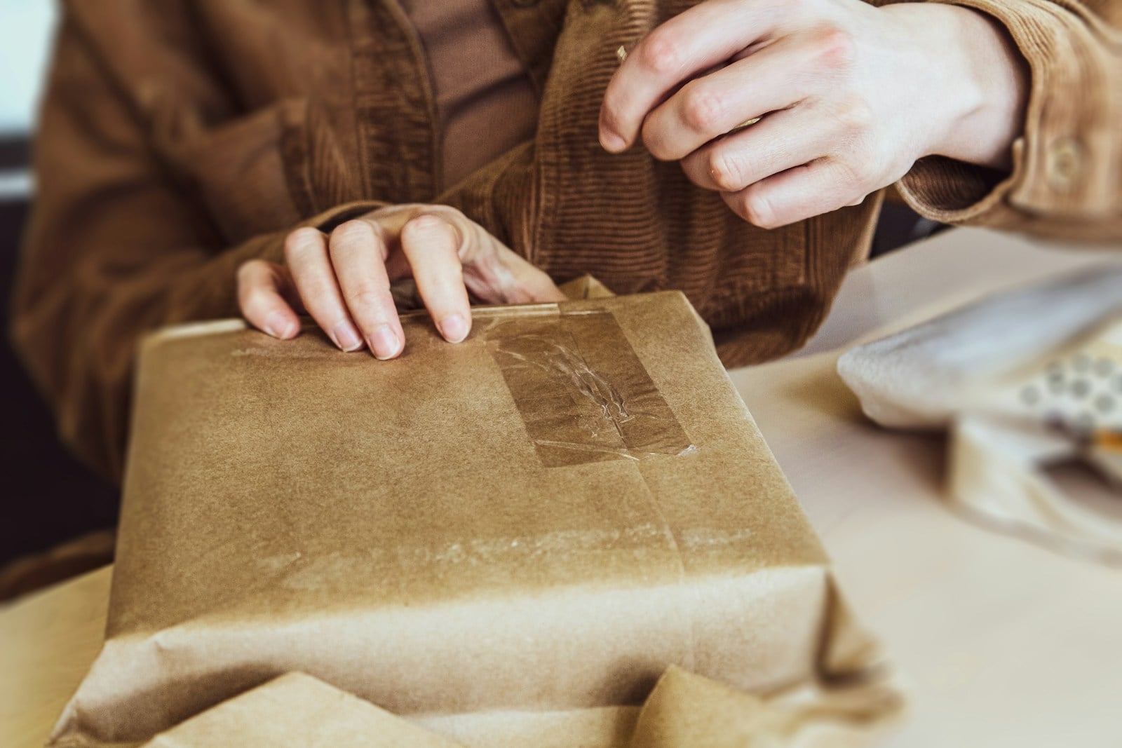 Hands holding a brown-paper parcel secured with clear tape.